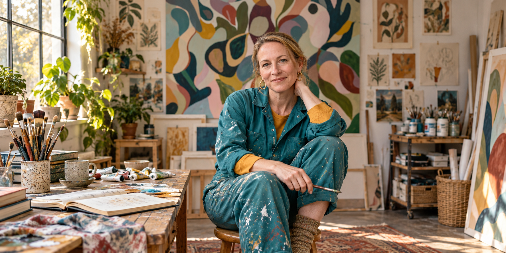 Artist at Ease in a Sunlit Studio